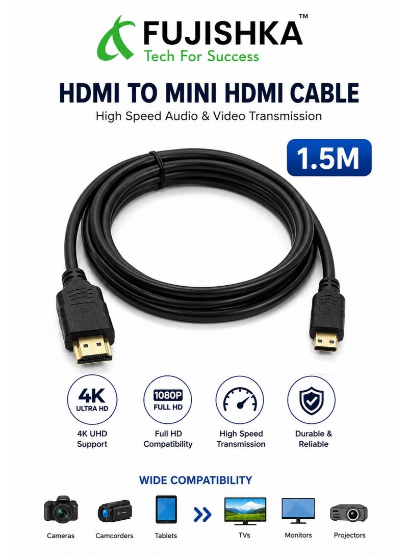 FUJISHKA Mini HDMI to HDMI Cable 1.5M – Male to Male, High-Speed 4K UHD Audio & Video Cable, Gold-Plated Connectors, Compatible with DSLR Cameras, Camcorders, Tablets, Raspberry Pi, Monitors, TVs & Projectors - Image 3