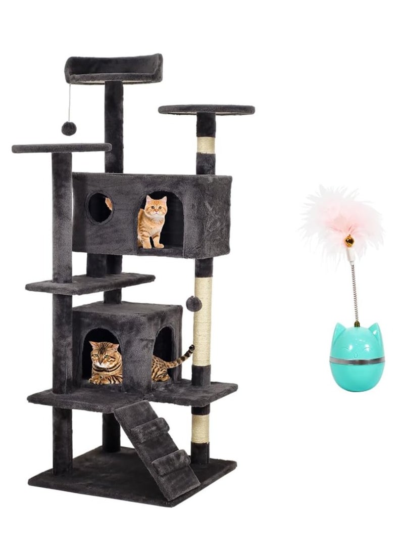 أن ان سي بيتس شجرة قطط متعددة المستويات مع لعبة قطط تفاعلية، مجاثم متعددة، عمود خدش من السيزال، كرة معلقة، شقق واسعة للقطط، وسلم تسلق، برج تسلق متين للقطط 132 سم (أسود) - Image 1