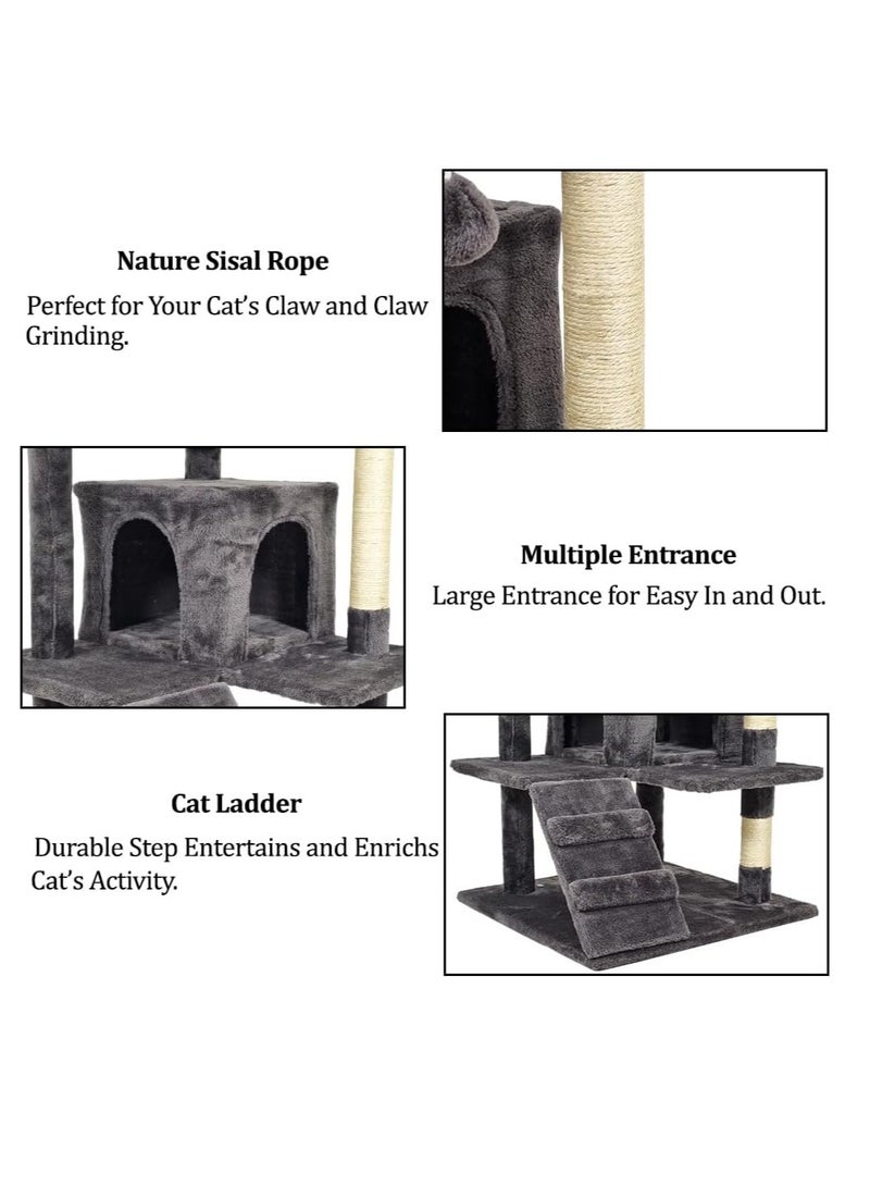 أن ان سي بيتس شجرة قطط متعددة المستويات مع لعبة قطط تفاعلية، مجاثم متعددة، عمود خدش من السيزال، كرة معلقة، شقق واسعة للقطط، وسلم تسلق، برج تسلق متين للقطط 132 سم (أسود) - Image 3