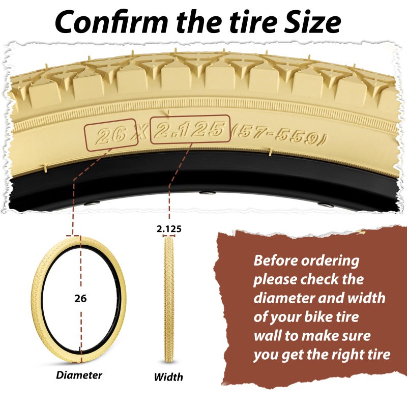 MOHEGIA 26 Inch Cruiser Bike Tires Set: MOHEGIA 26x2.125 Inch Folding Tires Cream 2-Pack,Pair Bike Tubes,and 2 Tire Levers Replacement Kit for Beach Cruiser and Urban Commuting Bicycle - Image 2