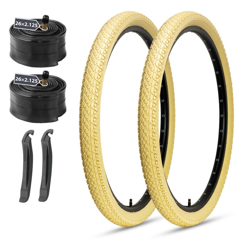 MOHEGIA 26 Inch Cruiser Bike Tires Set: MOHEGIA 26x2.125 Inch Folding Tires Cream 2-Pack,Pair Bike Tubes,and 2 Tire Levers Replacement Kit for Beach Cruiser and Urban Commuting Bicycle - Image 1