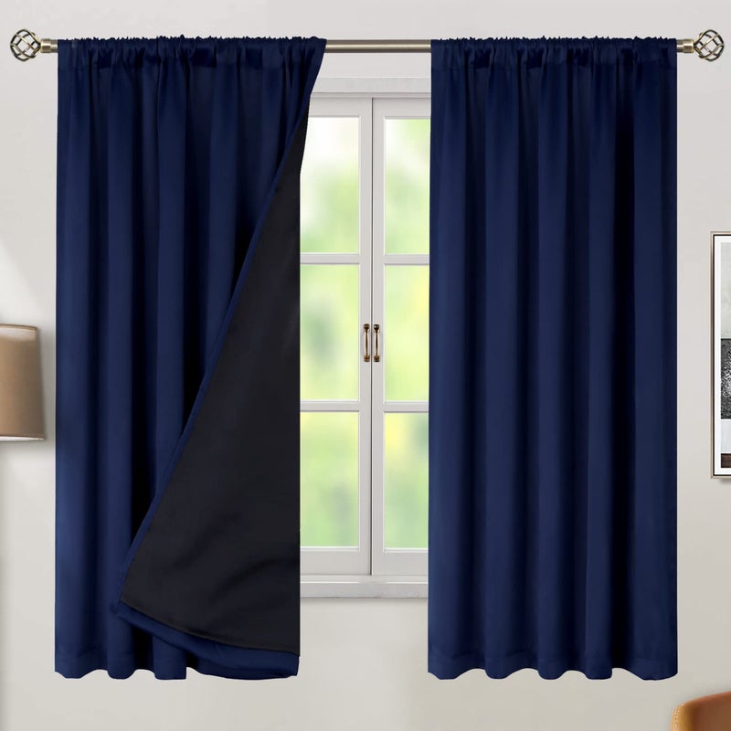 BGment بجلات البحرية الأزرق بنسبة 100 ٪ انقطاع الستائر 63 بوصة طول مع تقليل جيب قضيب الضوضاء وعلامة التبويب الخلفية طبقة مزدوجة الستار النافذة الداكنة لغرفة النوم 2 لوحات كل 52 × 63 بوصة - Image 2