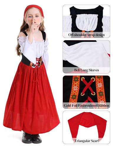 Happy Cherry Kids Girls Medieval Renaissance Dress Off Shoulder Bell Long Sleeve Victorian Dress Vintage Irish Peasant Dress Red 4-6 Years - Image 5
