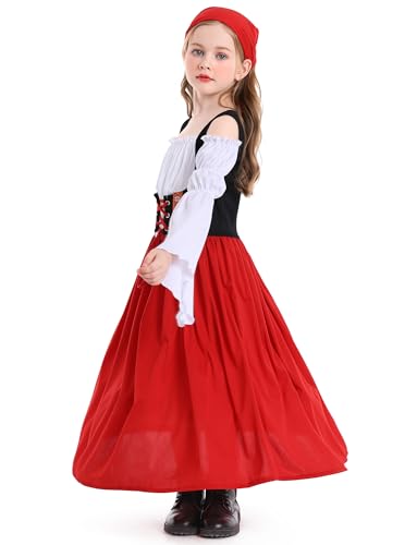 Happy Cherry Kids Girls Medieval Renaissance Dress Off Shoulder Bell Long Sleeve Victorian Dress Vintage Irish Peasant Dress Red 4-6 Years - Image 3