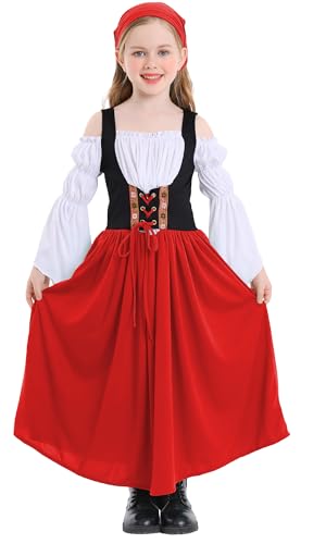 Happy Cherry Kids Girls Medieval Renaissance Dress Off Shoulder Bell Long Sleeve Victorian Dress Vintage Irish Peasant Dress Red 4-6 Years - Image 1