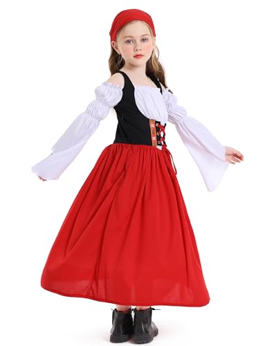 Happy Cherry Kids Girls Medieval Renaissance Dress Off Shoulder Bell Long Sleeve Victorian Dress Vintage Irish Peasant Dress Red 4-6 Years - Image 2