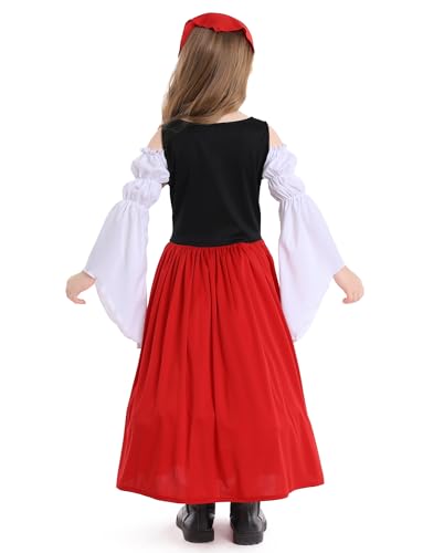 Happy Cherry Kids Girls Medieval Renaissance Dress Off Shoulder Bell Long Sleeve Victorian Dress Vintage Irish Peasant Dress Red 4-6 Years - Image 4