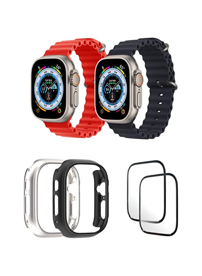 IAF Silicone Ocean Band Strap for Apple Watch Ultra 8 49mm Red/Black , Case Compatible with Apple Watch Ultra 49mm Transparent/Black , 2* pcs Watch glass Set of 6