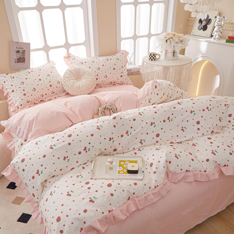 MKXI Strawberry Print Comforter Set - Pink and White Ruffled Bedding with Floral Accents, Soft Microfiber, 3-Piece Full Size, Lightweight and Cozy for Kids, Teens, and Adults - Image 5