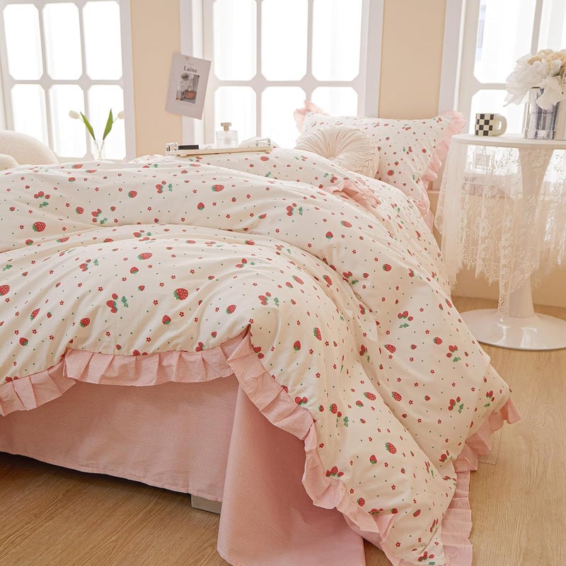 MKXI Strawberry Print Comforter Set - Pink and White Ruffled Bedding with Floral Accents, Soft Microfiber, 3-Piece Full Size, Lightweight and Cozy for Kids, Teens, and Adults - Image 1