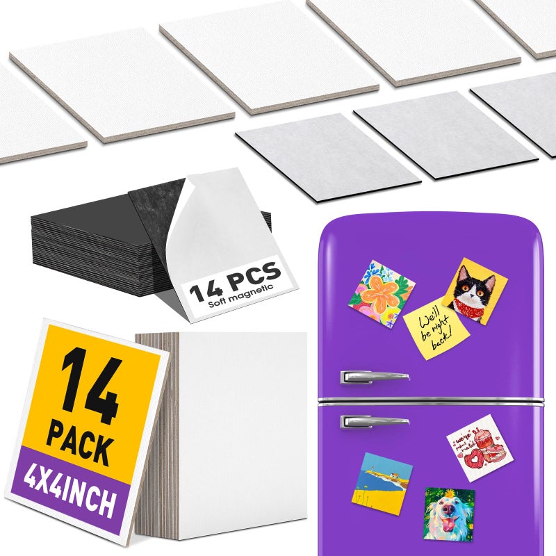 ESRICH 14 Pack 4x4IN Mini Magnetic Canvas Panels, Small Canvases for Painting for Oil, Watercolor, Acrylic Painting & DIY Crafts with 14PCS 4x4IN Square Flat Canvas Boards, 14PCS Soft Magnets - Image 1