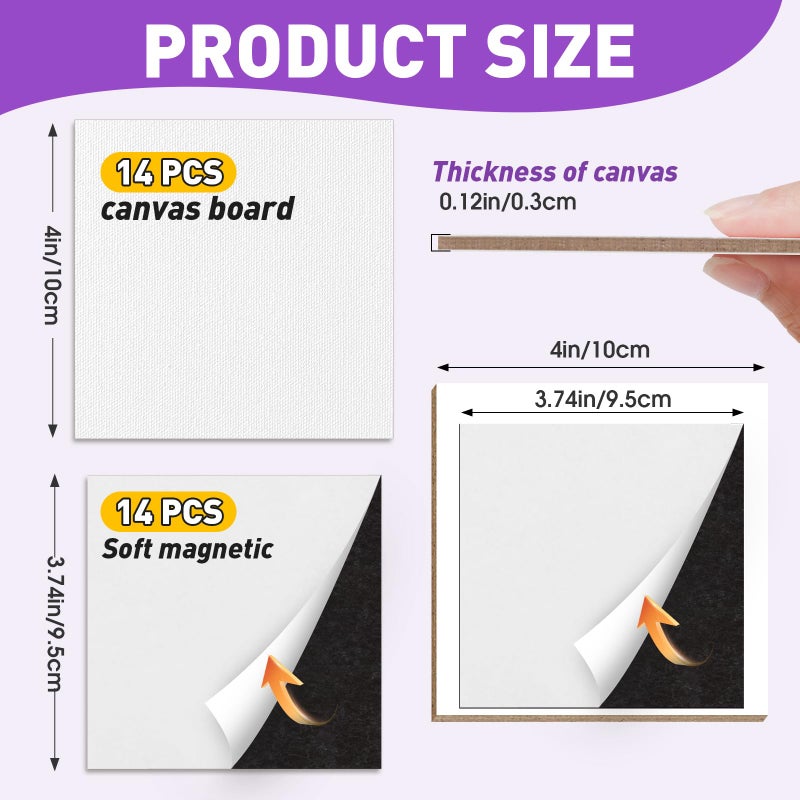 ESRICH 14 Pack 4x4IN Mini Magnetic Canvas Panels, Small Canvases for Painting for Oil, Watercolor, Acrylic Painting & DIY Crafts with 14PCS 4x4IN Square Flat Canvas Boards, 14PCS Soft Magnets - Image 2