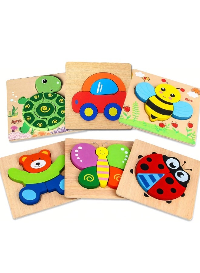 ARGT Wooden Animal Puzzles for Toddlers 1 2 3 Years Old - Educational Toys Gift for Boys & Girls with 5 Animal Patterns & 1 Car, Vibrant Colors, Durable Safe Design, Includes Gift Box for Kids Learn - Image 1