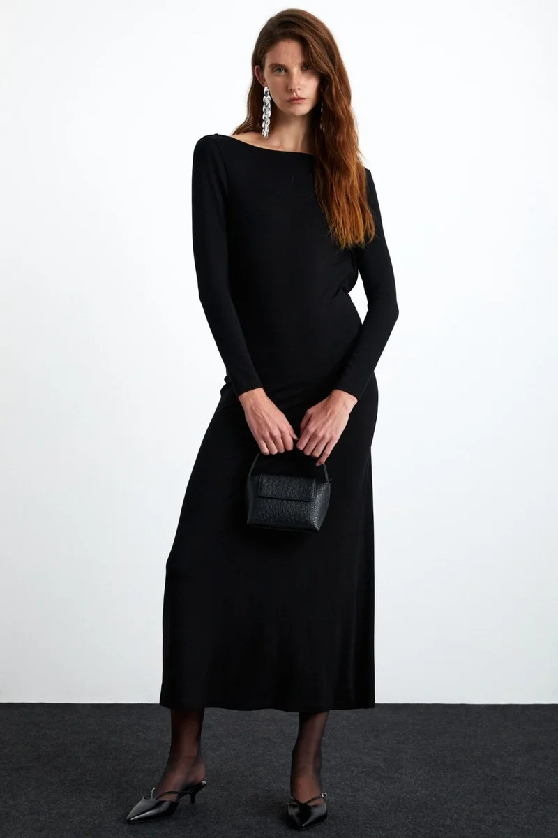 GRIMELANGE Krizia Women's Viscose Blend Boat Neck Slim Fit Black Dress