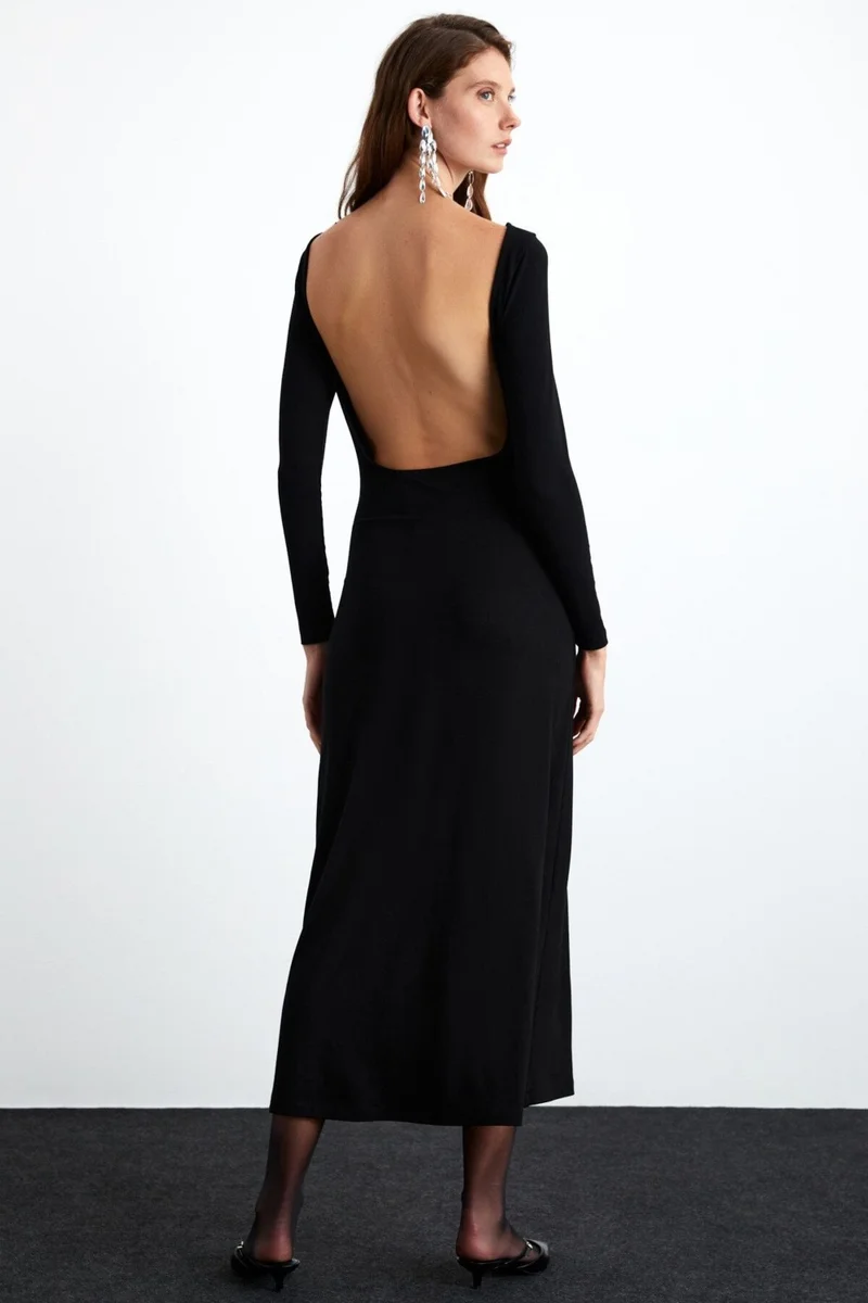 GRIMELANGE Krizia Women's Viscose Blend Boat Neck Slim Fit Black Dress