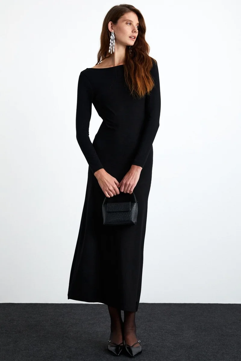 GRIMELANGE Krizia Women's Viscose Blend Boat Neck Slim Fit Black Dress