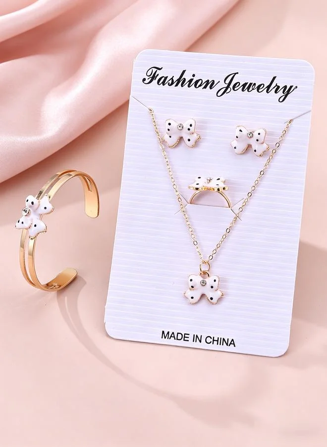 Take Two Girls White Bow Charm Necklace, Earrings, Ring and Bracelet Set
