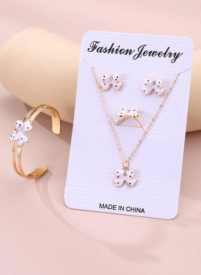 Girls White Bow Charm Necklace, Earrings, Ring and Bracelet Set