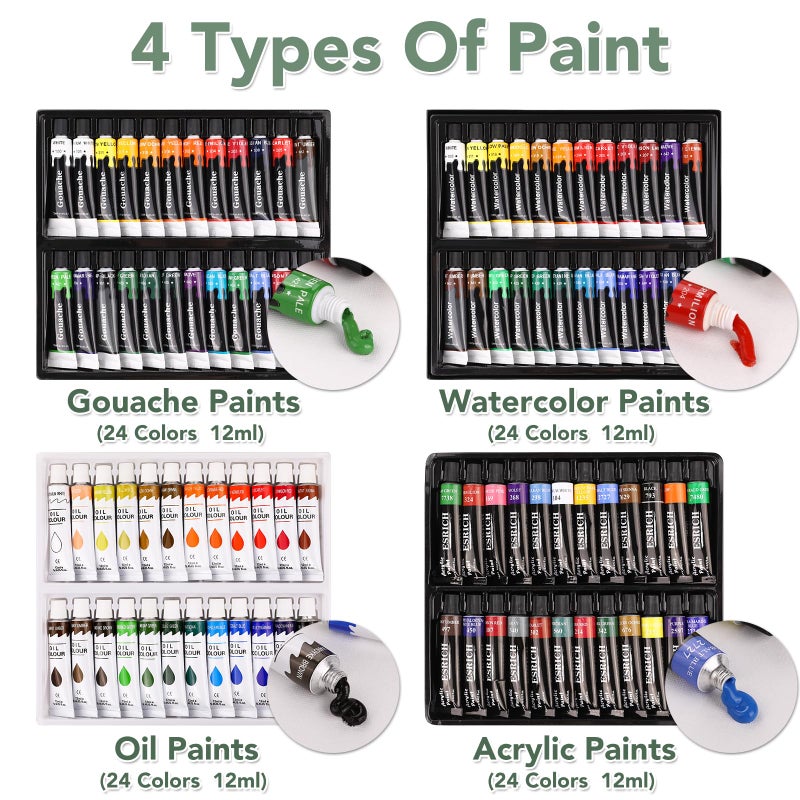 ESRICH 166 Pcs Painting Set, Painting Supplies with 96 Paint(Oil, Watercolorï¼ŒGouache & Acrylic Paint) Metal and Wooden Easels, Canvas, Paper Pads, 45 Paintbrushes etc. for Adults, Kids, Artists - Image 3