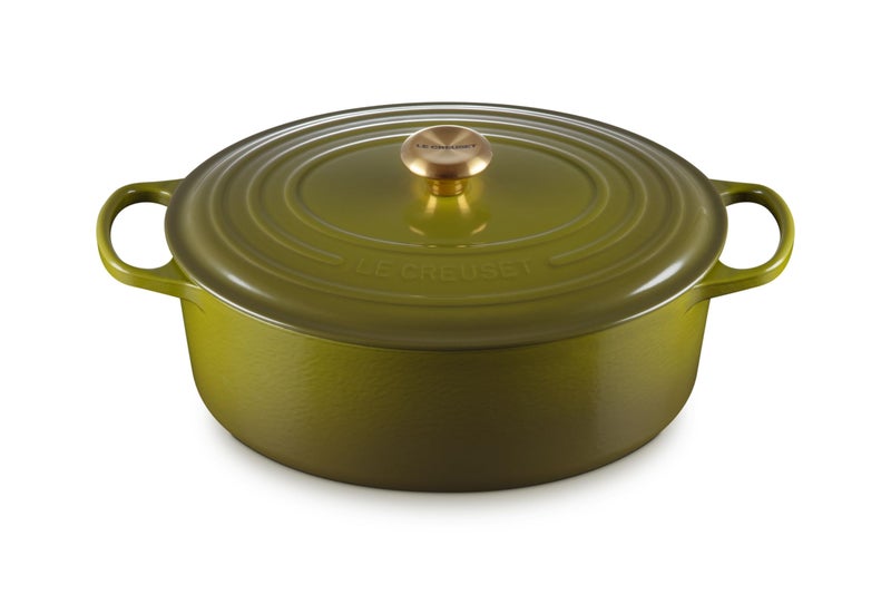 Le Creuset طاجن داتش أوفن oval من لو كروزيه، حديد مصبوب مطلي بالمينا، سعة 8 كوارت، زيتوني مع مقبض ذهبي