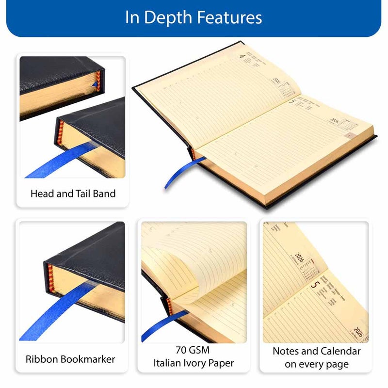 FIS 2026 International A5 Diary, 148x210mm, 1 Side Padded Bonded Leather Cover, Round Corners, Gold Gilded Edges, 7 Multi Languages, 70gsm Italian Ivory Paper, Blue Cover - FSDI136-7BG26BL - Image 5