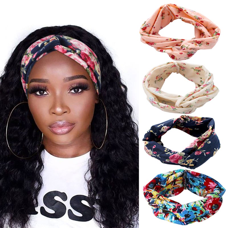 DRESHOW 4 Pack Boho Cotton NonSlip Headbands for Women Girls Yoga Workout Running Knotted Turban Floral Elastic Head Wrap