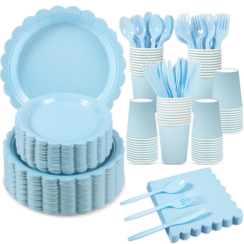 Xiangqu 350 Pcs Light Blue Paper Plates and Napkins Boy Baby Shower Decorations Include Baby Blue Scalloped Plates Napkins Cups Plastic Spoons Forks Knives for Bridal ShowerWeddingBirthday