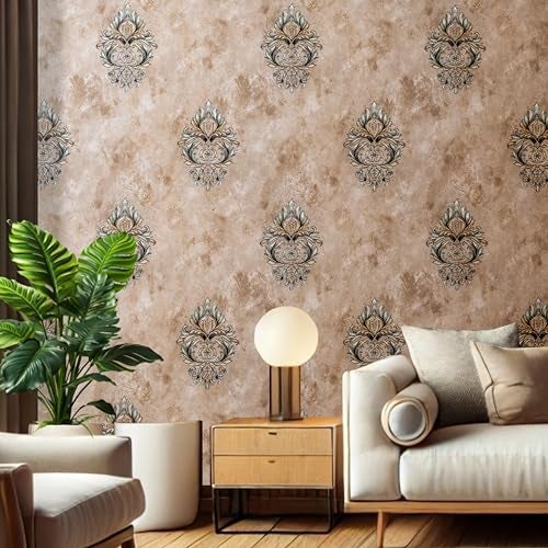 wolpin Non-Woven Wallpaper Non-Adhesive (53 x 950 CM) (Beige) | Textured Damask Ornate Wall Covering with Sparkling Shine | Beige Decorative Wall Covering (54.18 Sq Ft) - Image 2
