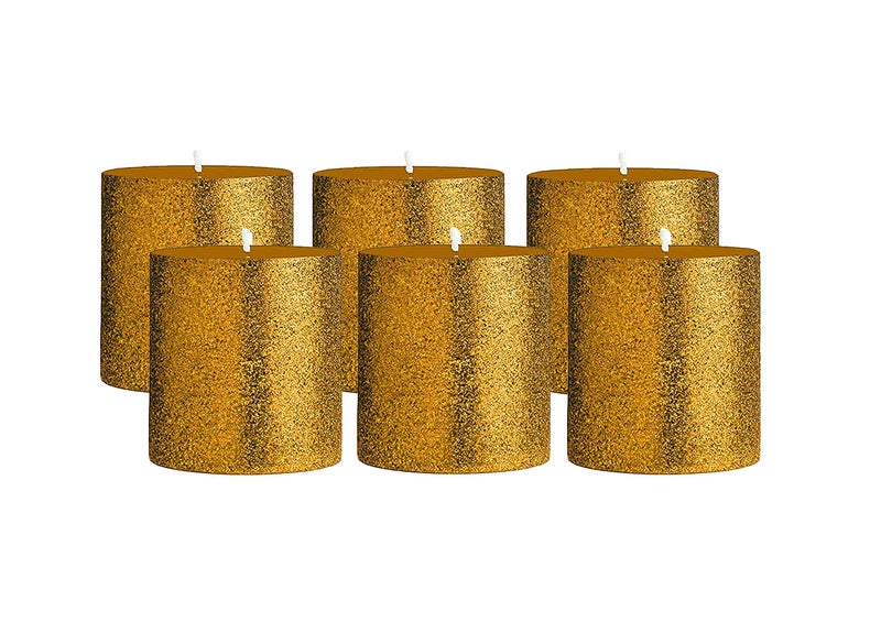 atorakushon® Smokeless Scented Paraffin Wax Golden Glitter Round Pillar Candles Decoration for Party,Birthday Party,Dinner Table, Living Room Pack of 6 - Image 1
