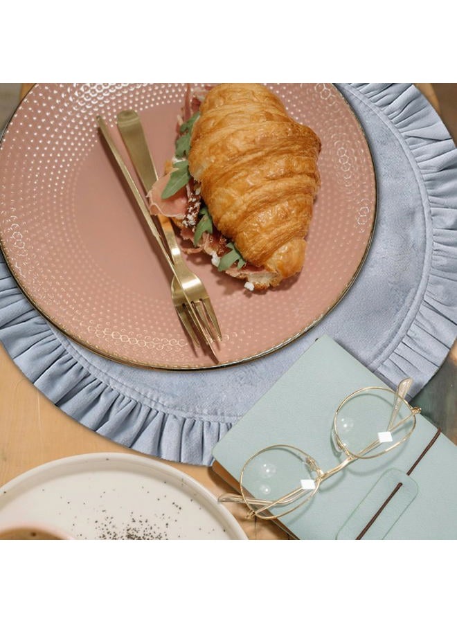 Opexscal 15 Inch Velvet Round Placemat with Ruffle for Dining Table Outdoor Placemats Non-Slip Washable for Gathering, Occasional Decoration and Family Parties Celebrations Set of 4, Blue Grey - Image 2