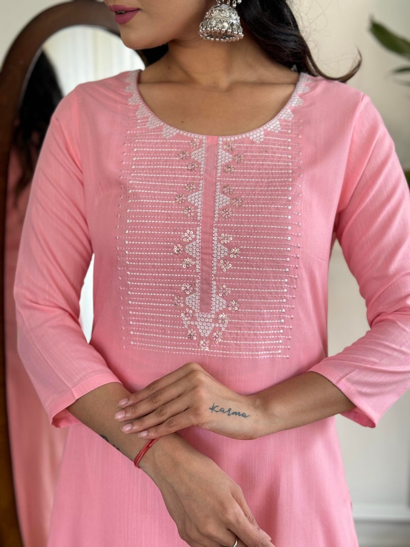 Naixa Women's Pink Rayon Slub Embroidered Straight Kurta with Rayon Slub Pant and Silk Printed Dupatta Sets (NX-595-Baby-Pink-M) - Image 5