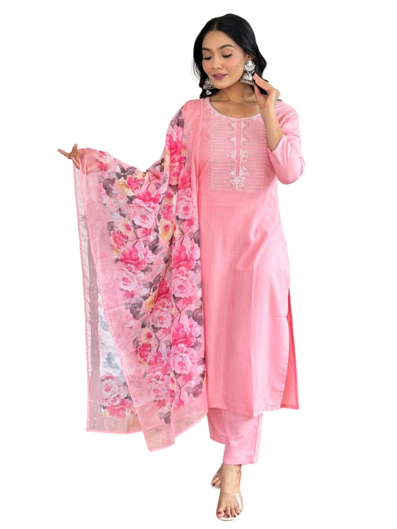 Naixa Women's Pink Rayon Slub Embroidered Straight Kurta with Rayon Slub Pant and Silk Printed Dupatta Sets (NX-595-Baby-Pink-M) - Image 1