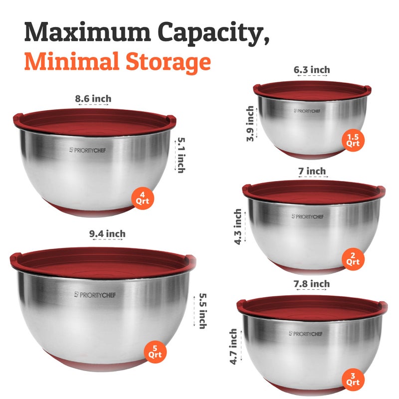 Priority Chef Premium Mixing Bowls With Airtight Lids Set, Thicker Stainless Steel Mixing Bowl Set, Large Prep Metal Bowls with Lids, Nesting Bowls for Kitchen, 1.5/2/3/4/5 Qrt, Red - Image 3