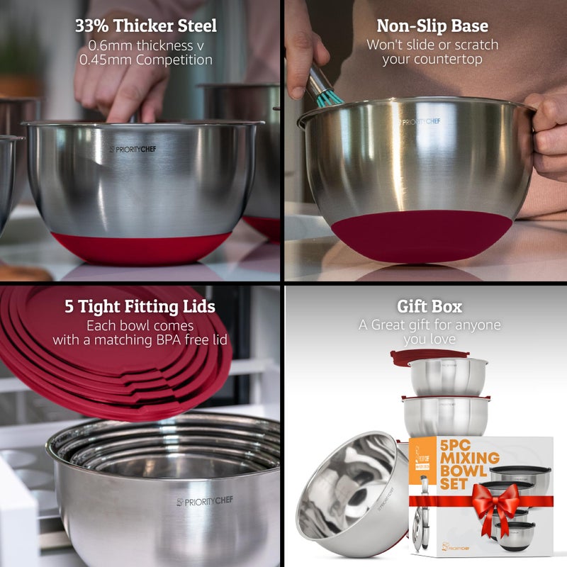 Priority Chef Premium Mixing Bowls With Airtight Lids Set, Thicker Stainless Steel Mixing Bowl Set, Large Prep Metal Bowls with Lids, Nesting Bowls for Kitchen, 1.5/2/3/4/5 Qrt, Red - Image 2