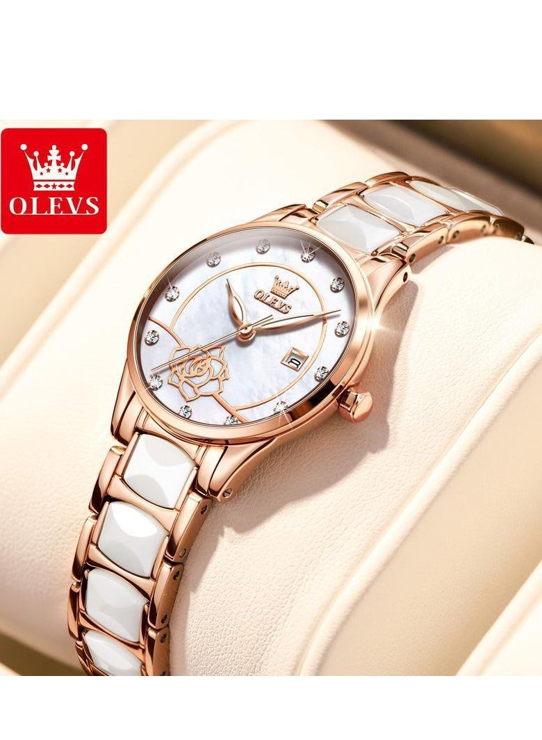 أوليفز ساعة OLEVS للسيدات باللون الذهبي الوردي والسيراميك بتصميم أنيق أنيق وفاخر 3ATM تاريخ مقاوم للماء ساعة كوارتز خضراء مضيئة - Image 1