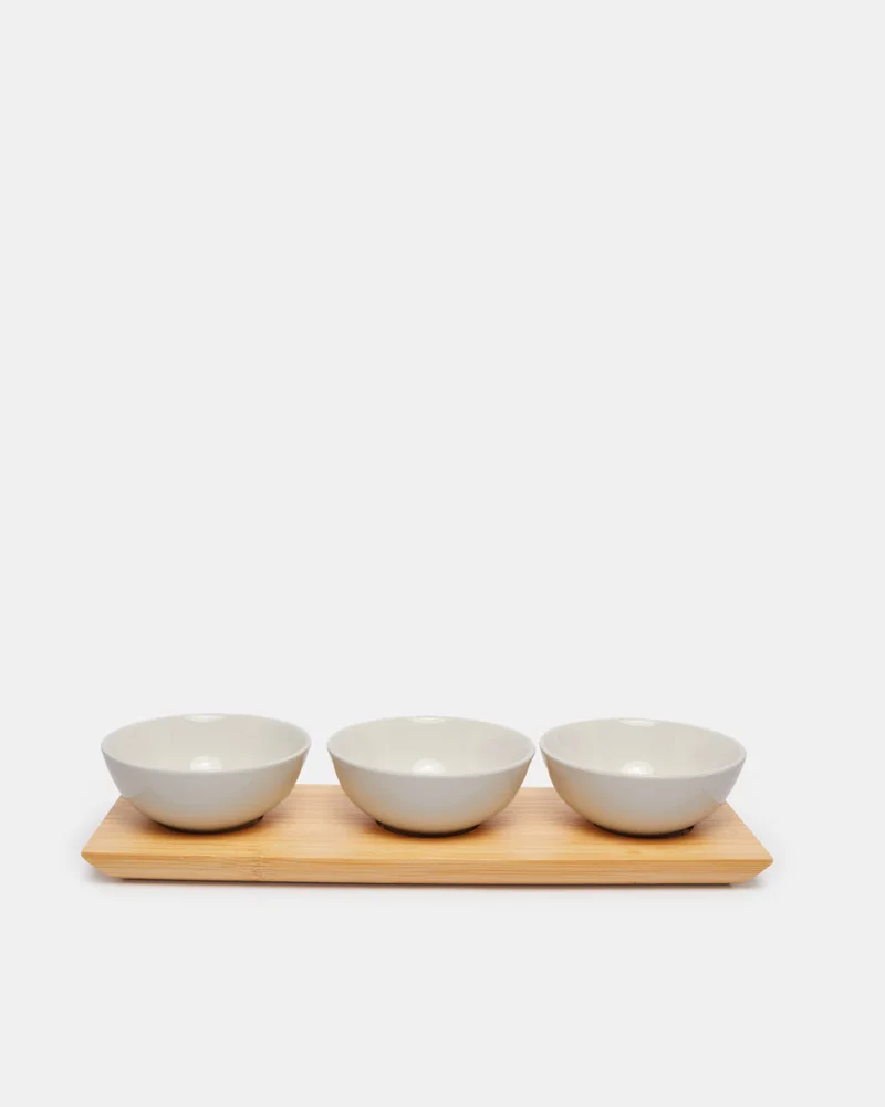 Redtag White Round Bowl With Bamboo Tray (4 Piece)