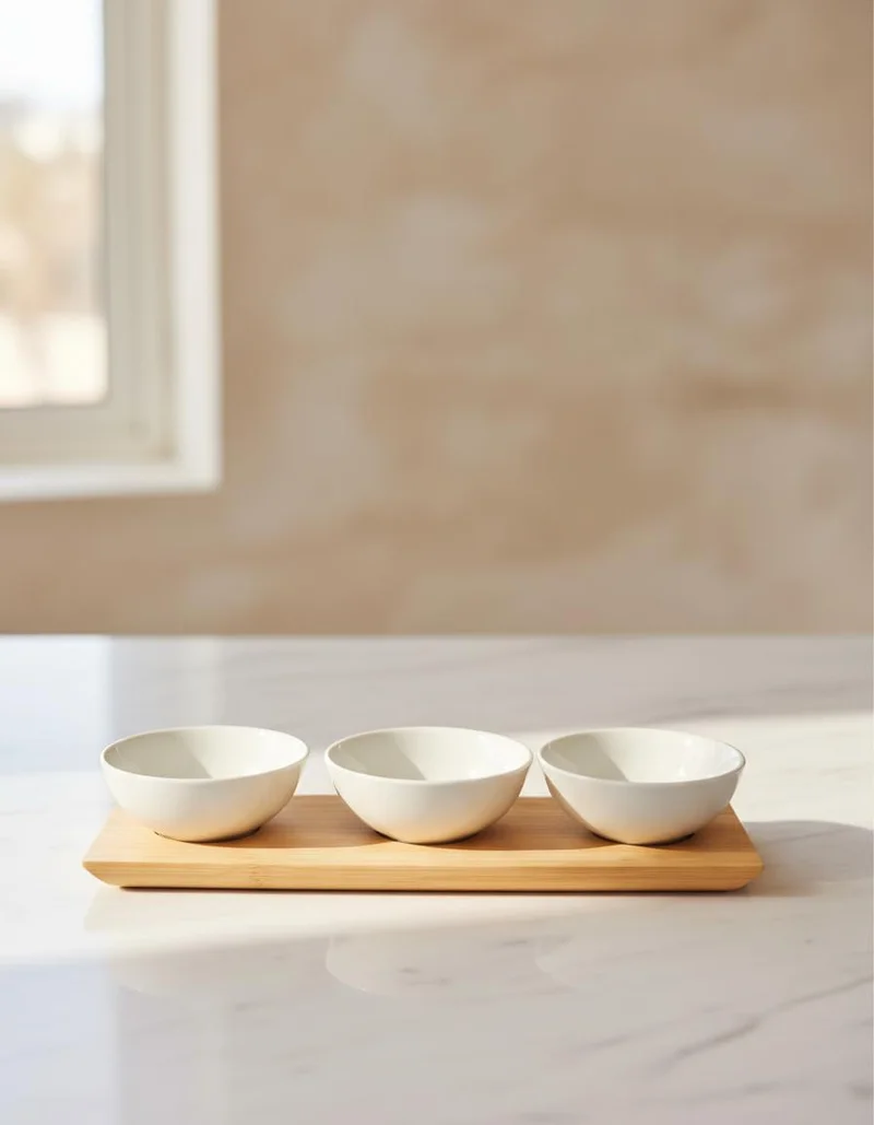 Redtag White Round Bowl With Bamboo Tray (4 Piece)