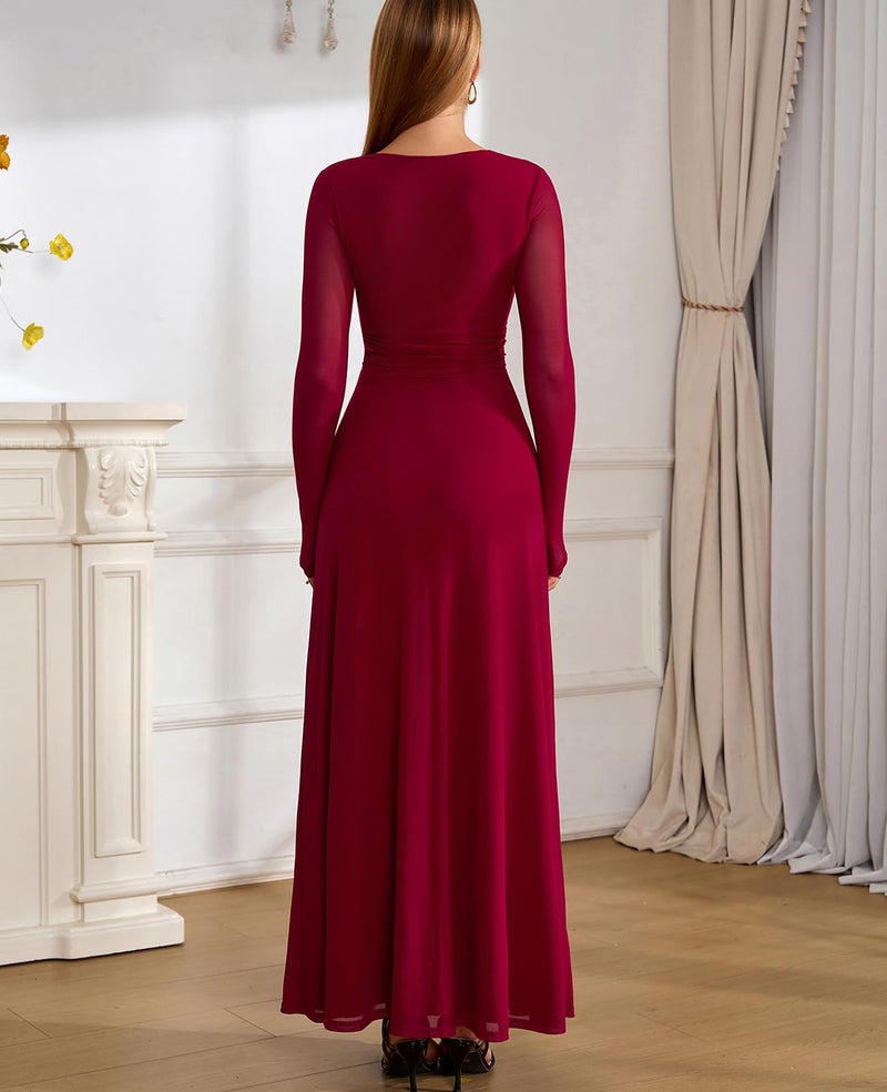 GLNEGE Fall Long Sleeve Wedding Guest Maxi Long Dress Mesh A-Line Flowy Square Neck Ruched Cocktail Dresses for Women Wine - Image 3