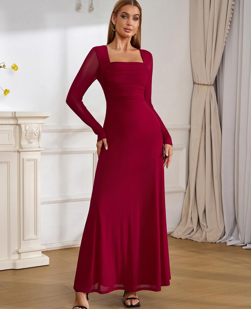 GLNEGE Fall Long Sleeve Wedding Guest Maxi Long Dress Mesh A-Line Flowy Square Neck Ruched Cocktail Dresses for Women Wine - Image 2
