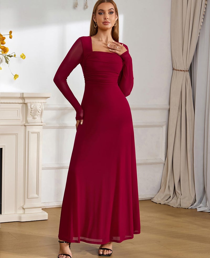 GLNEGE Fall Long Sleeve Wedding Guest Maxi Long Dress Mesh A-Line Flowy Square Neck Ruched Cocktail Dresses for Women Wine - Image 4