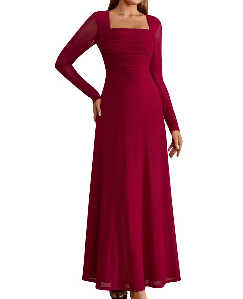 GLNEGE Fall Long Sleeve Wedding Guest Maxi Long Dress Mesh A-Line Flowy Square Neck Ruched Cocktail Dresses for Women Wine - Image 1