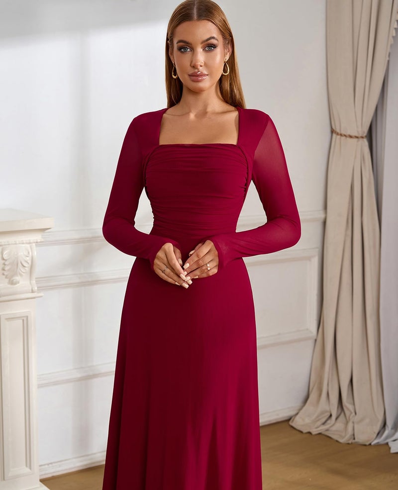 GLNEGE Fall Long Sleeve Wedding Guest Maxi Long Dress Mesh A-Line Flowy Square Neck Ruched Cocktail Dresses for Women Wine - Image 5