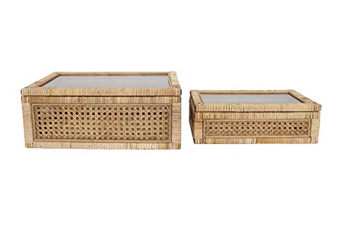 Creative Co-op Creative CoOp Modern Decorative Rectangle Woven Rattan and Wood Display Boxes with Glass Top Set of 2 Sizes Natural Finish 