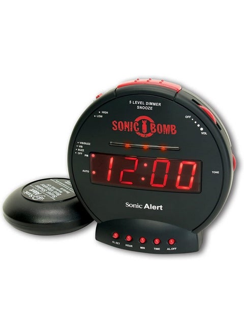 ساعة منبه Sonic Bomb Dual Extra Loud مع هزاز للسرير، باللون الأسود | Sonic Alert تهتز، للأشخاص الذين ينامون بعمق، بطارية احتياطية | استيقظ بهزة