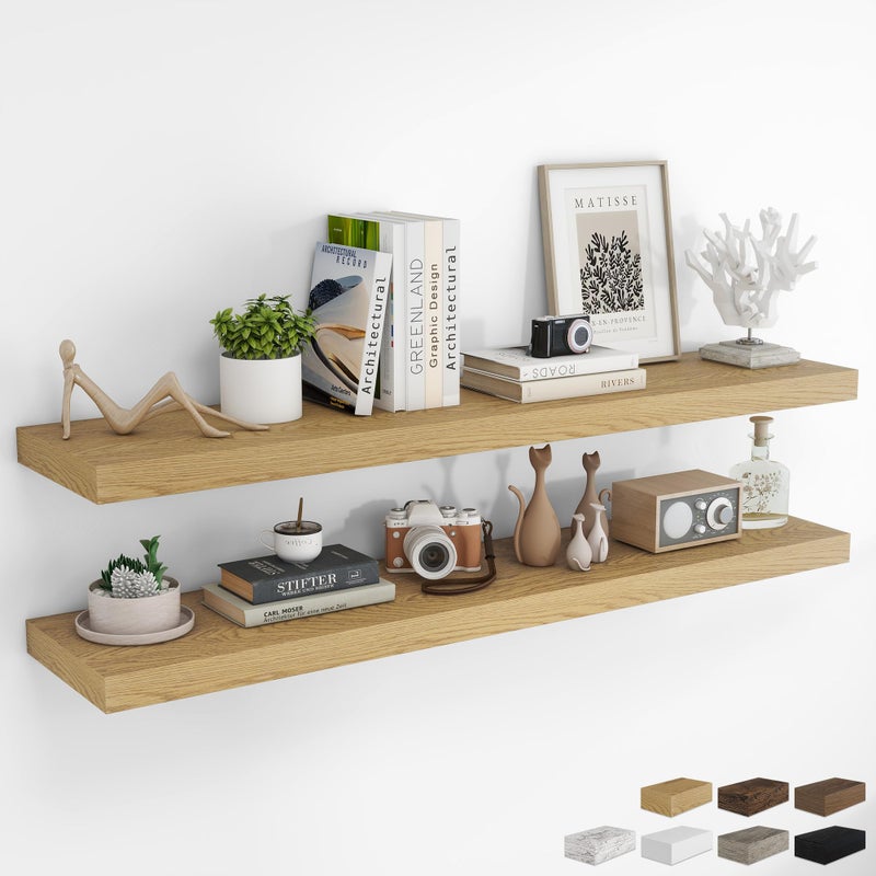 RICHFOCUS 55Inch Floating Shelves for Wall 2 Pack Shelves for Bedroom|Kitchen|Bathroom Wall Mounted Rustic Wood Floating Shelf with Invisible Brackets for Books|Storage|Decor, Oak - Image 1