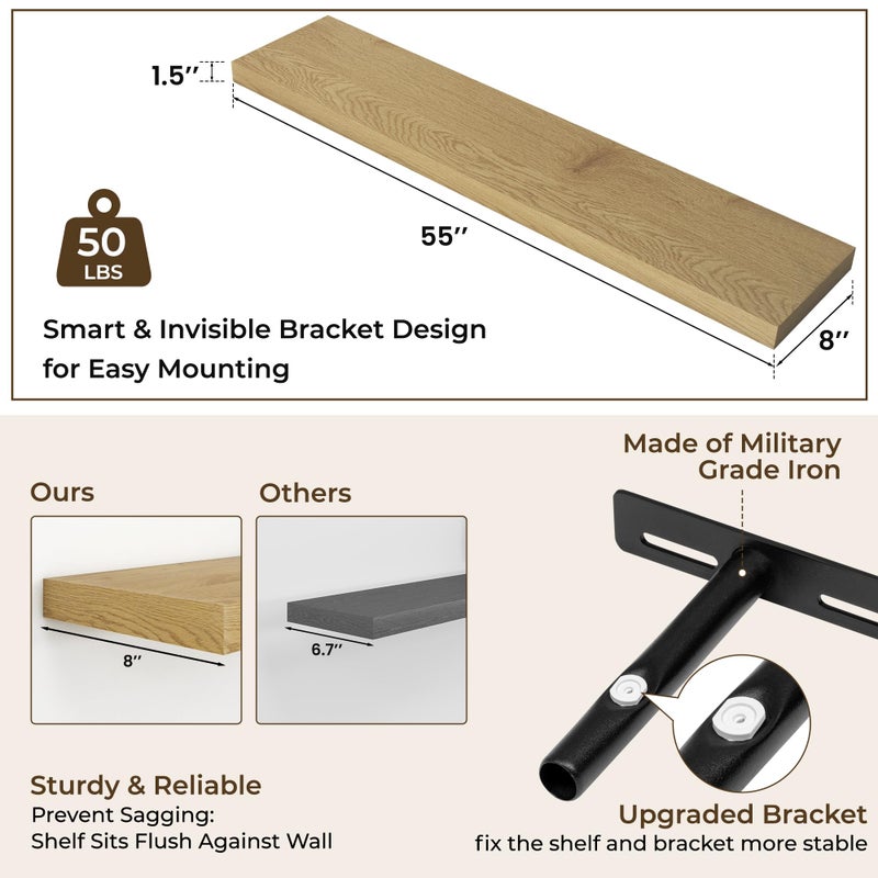 RICHFOCUS 55Inch Floating Shelves for Wall 2 Pack Shelves for Bedroom|Kitchen|Bathroom Wall Mounted Rustic Wood Floating Shelf with Invisible Brackets for Books|Storage|Decor, Oak - Image 4