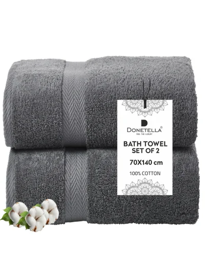 Donetella Premium 100 % Combed Cotton 2-Pcs Bath Towel Set (70 X 140 CM) 600 GSM Large Towel, Highly Absorbent, Quick Dry,Best Towel for Bathroom, Spa And Hotel,Dark Grey