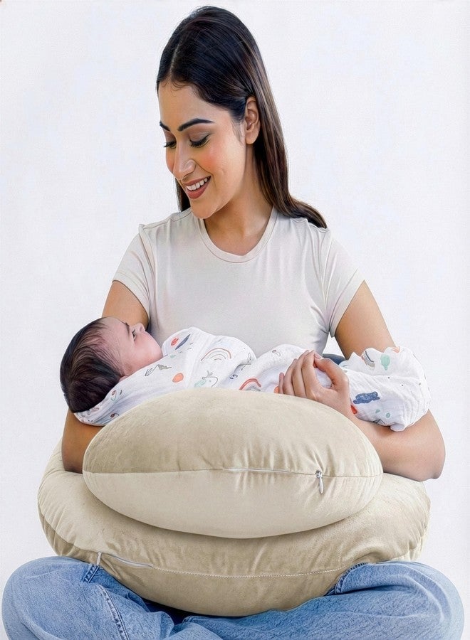 Cherilo Feeding Pillow for New Born Baby | Plus Size Breast Feeding Pillow & Bottle Feeding Support Pillows with Safety Fence Design | Adjustable Waist Belt | Soft Removable Velvet Cover – Cream - Image 1