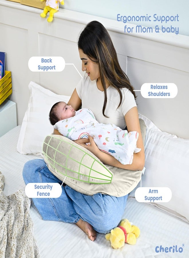 Cherilo Feeding Pillow for New Born Baby | Plus Size Breast Feeding Pillow & Bottle Feeding Support Pillows with Safety Fence Design | Adjustable Waist Belt | Soft Removable Velvet Cover – Cream - Image 3