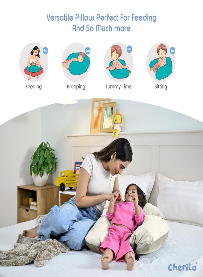 Cherilo Feeding Pillow for New Born Baby | Plus Size Breast Feeding Pillow & Bottle Feeding Support Pillows with Safety Fence Design | Adjustable Waist Belt | Soft Removable Velvet Cover – Cream - Image 5